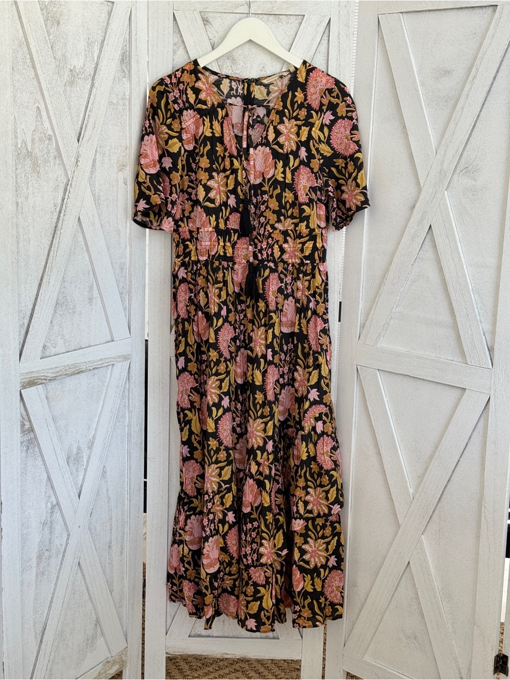 Floral Midi Dress with Pink and Mustard Print